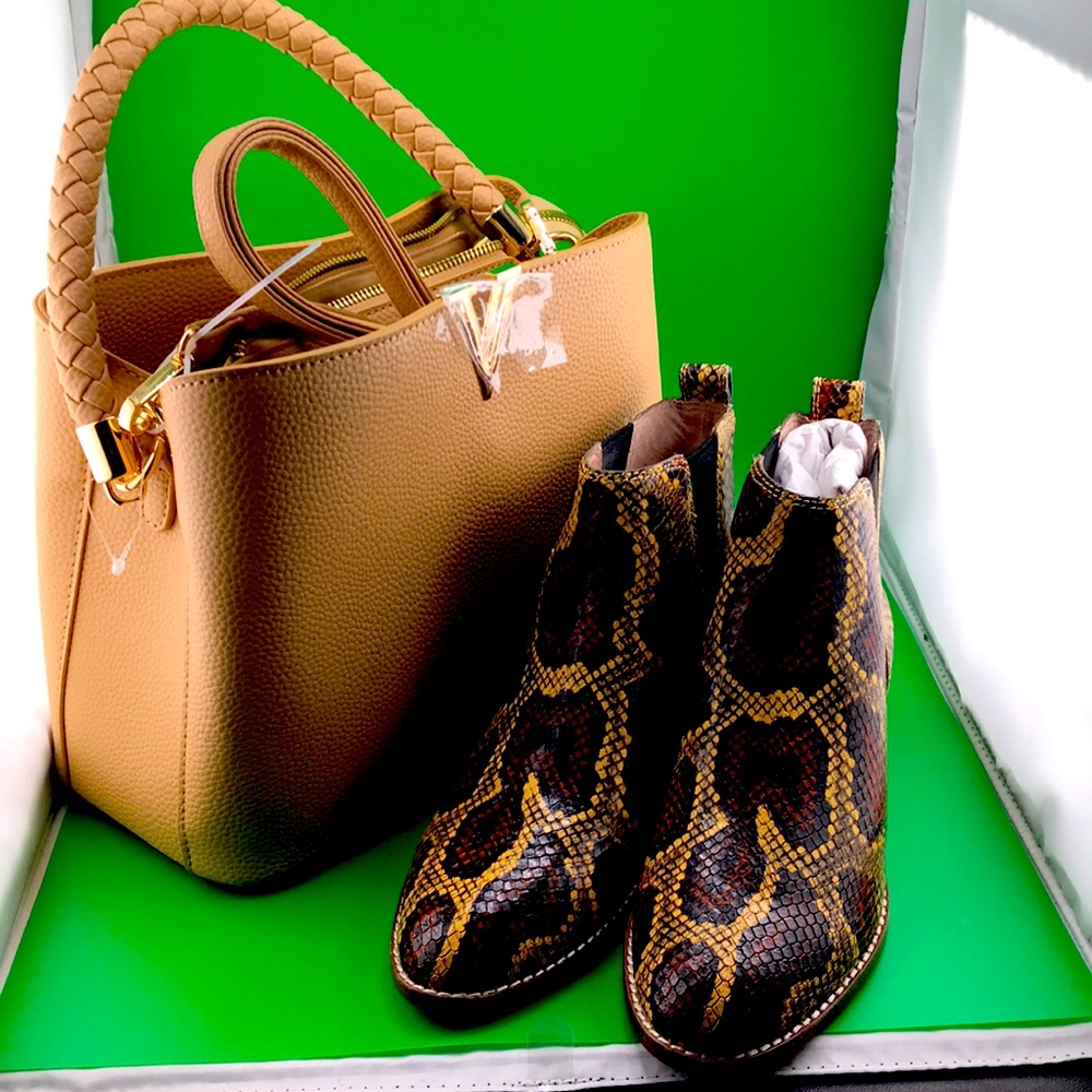 Structured Tan Vegan Leather Satchel with Gold Hardware & animal print bootie